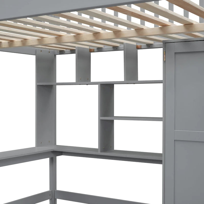 Full size Loft Bed with Bookshelf,Drawers,Desk,and Wardrobe