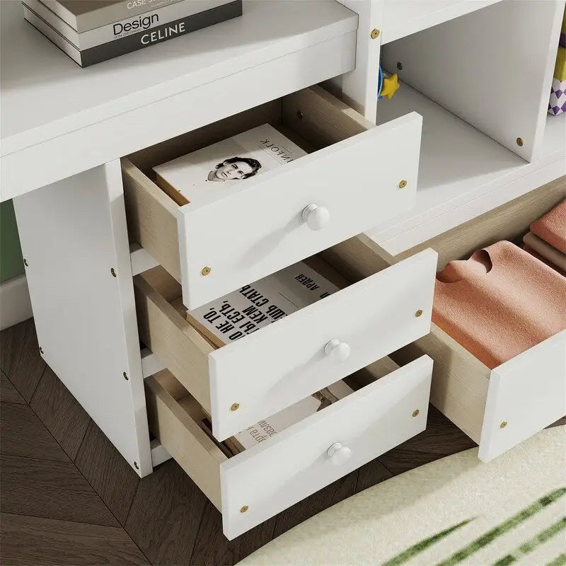 Full Size Loft Bed with Bulit-in L-Shaped Desk and 4 Storage Drawers, Wooden Loft Bedframe with Open Storage Shelves