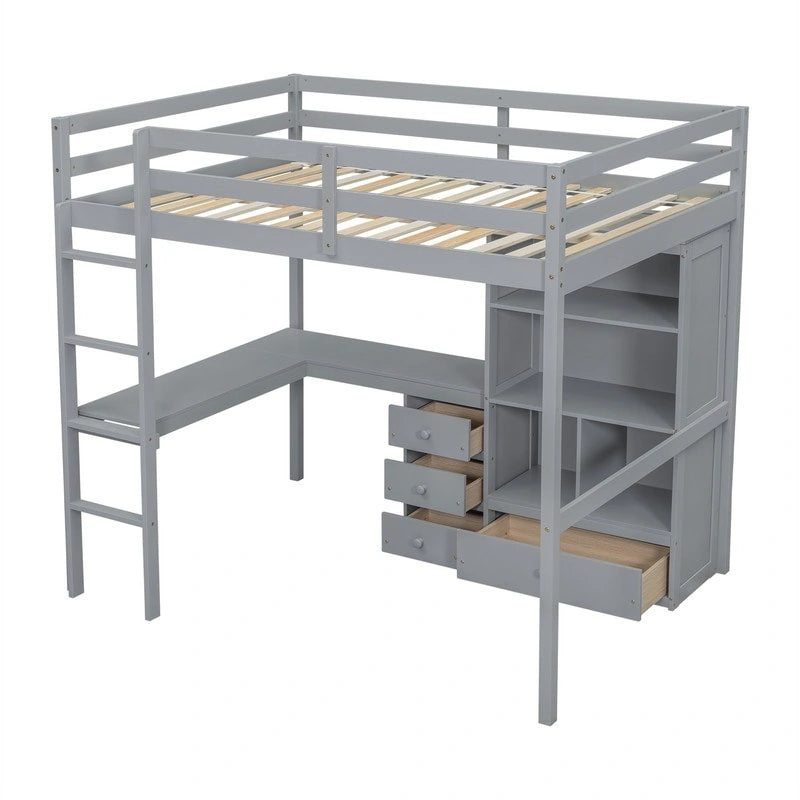 Full Size Loft Bed with Bulit-in L-Shaped Desk and 4 Storage Drawers, Wooden Loft Bedframe with Open Storage Shelves