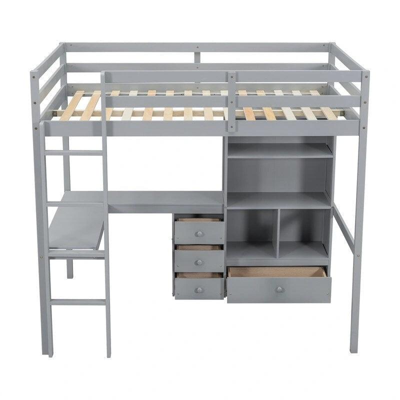 Full Size Loft Bed with Bulit-in L-Shaped Desk and 4 Storage Drawers, Wooden Loft Bedframe with Open Storage Shelves