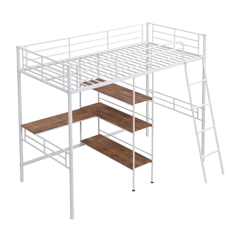 Twin Size Metal Loft Bed with Built-in Desk and Shelves
