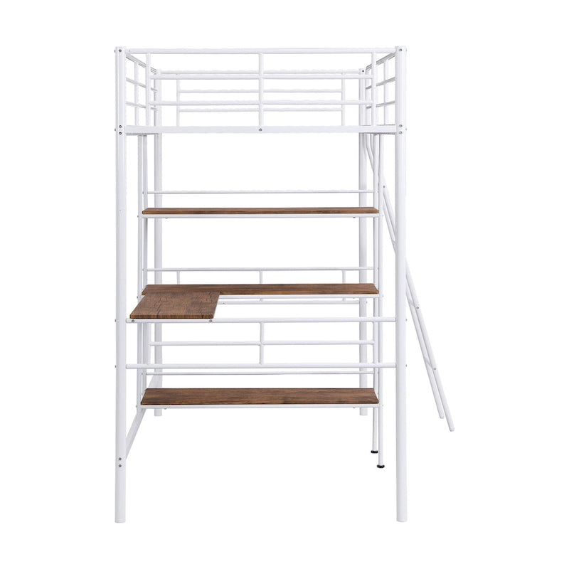Twin Size Metal Loft Bed with Built-in Desk and Shelves