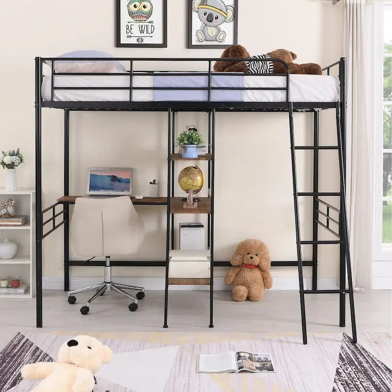 Twin Size Metal Loft Bed with Built-in Desk and Shelves