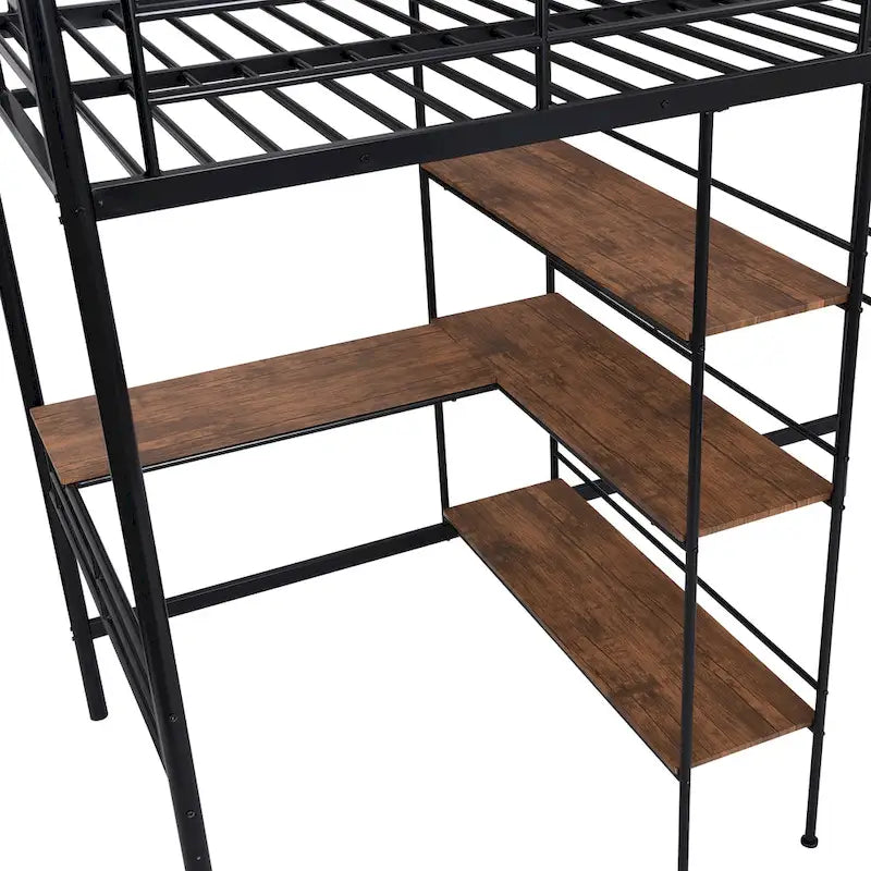 Twin Size Metal Loft Bed with Built-in Desk and Shelves