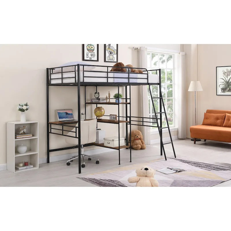 Twin Size Metal Loft Bed with Built-in Desk and Shelves