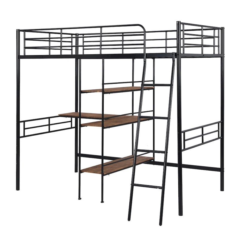 Twin Size Metal Loft Bed with Built-in Desk and Shelves