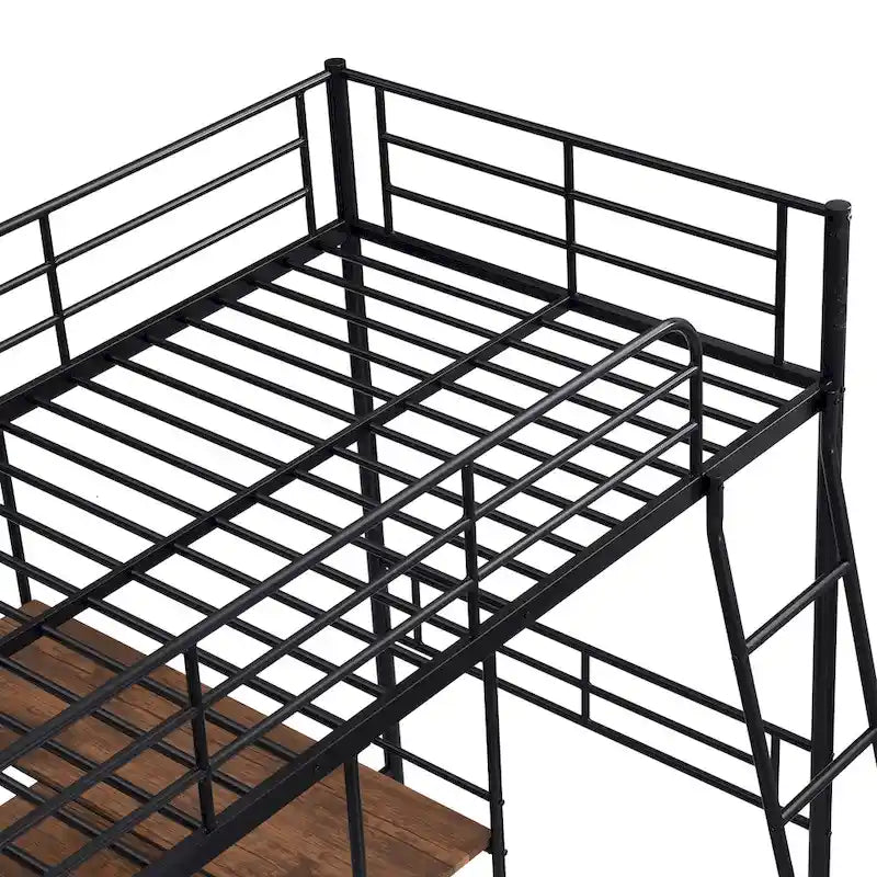 Twin Size Metal Loft Bed with Built-in Desk and Shelves
