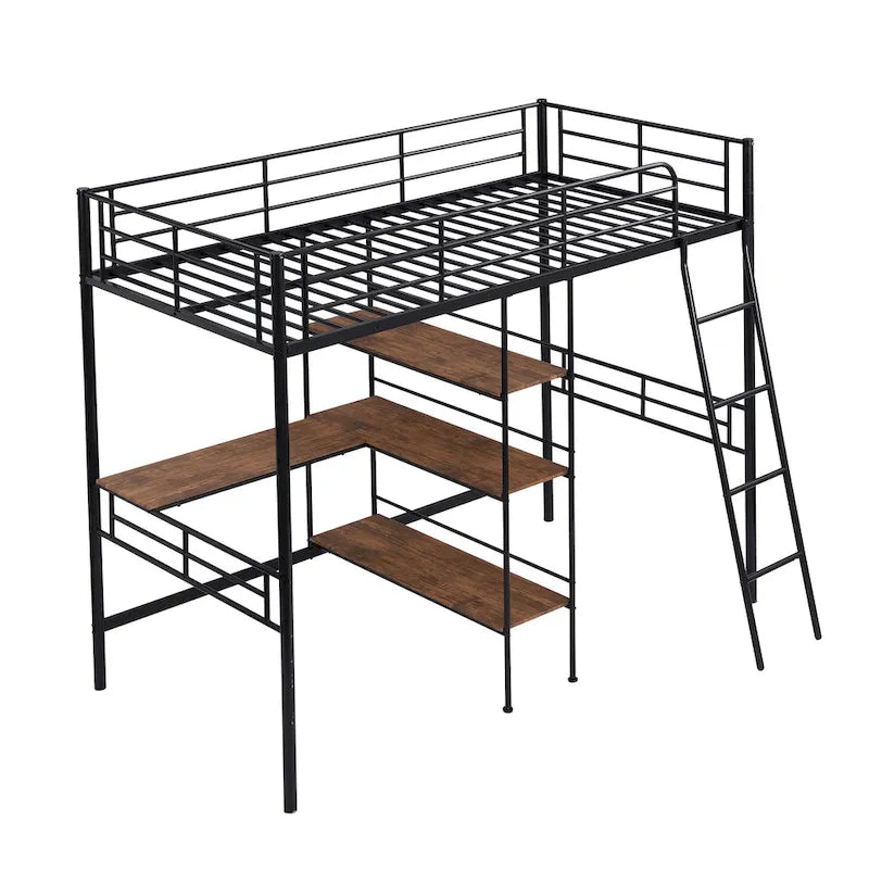 Twin Size Metal Loft Bed with Built-in Desk and Shelves