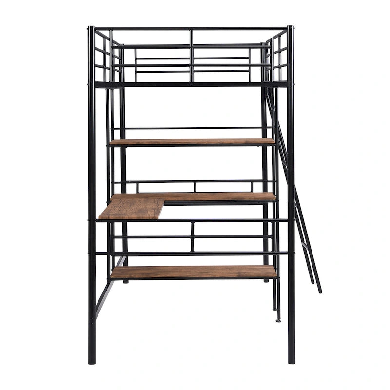 Twin Size Metal Loft Bed with Built-in Desk and Shelves