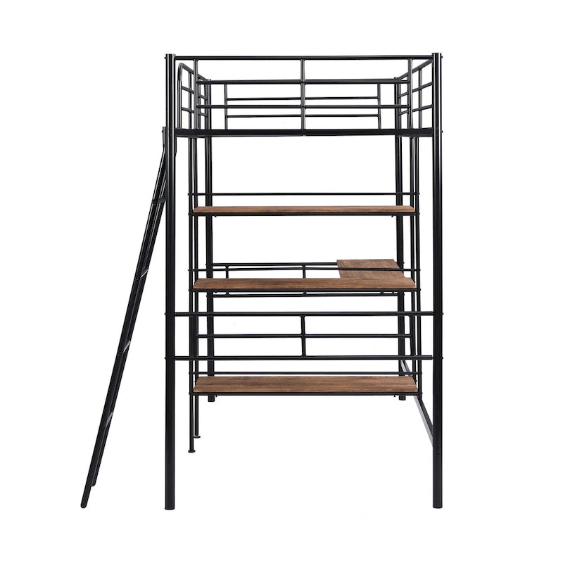 Twin Size Metal Loft Bed with Built-in Desk and Shelves