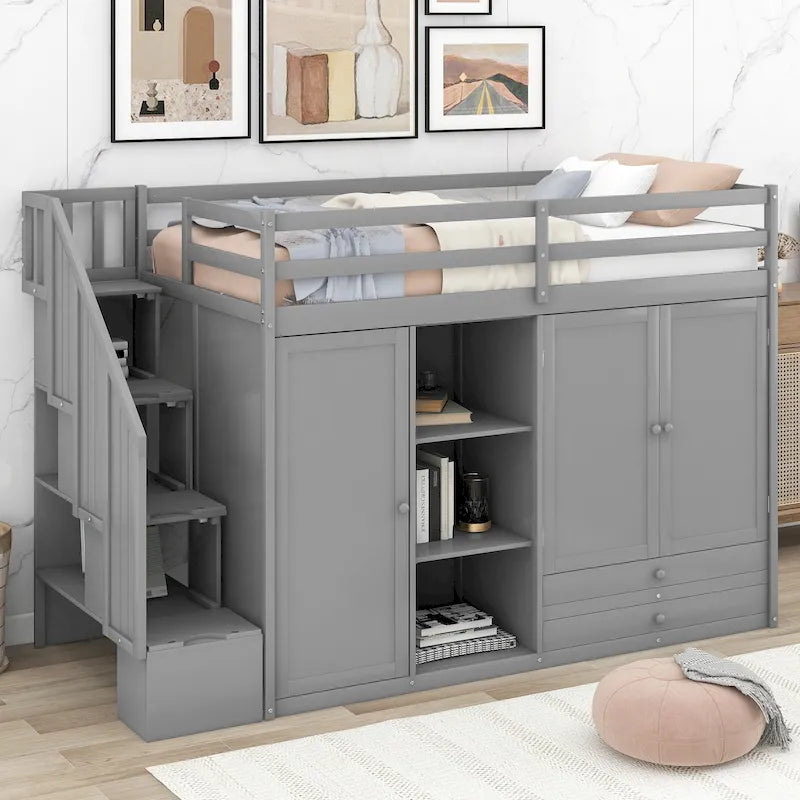 Full Pine Loft Bed with Shelves and Wardrobes