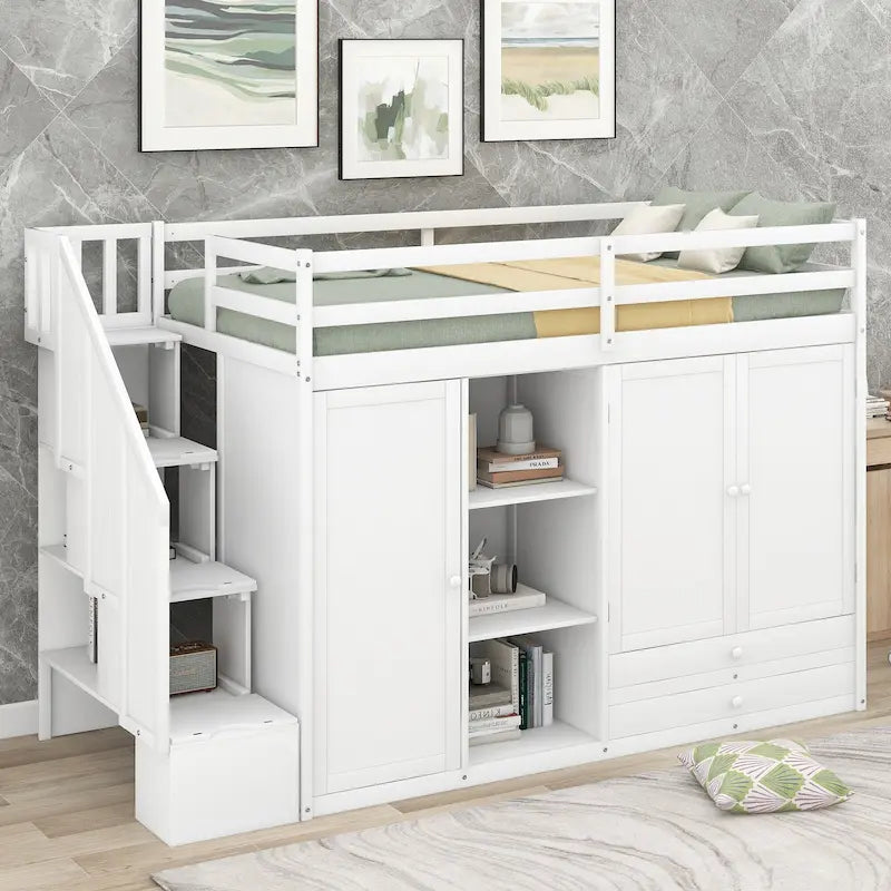 Full Pine Loft Bed with Shelves and Wardrobes