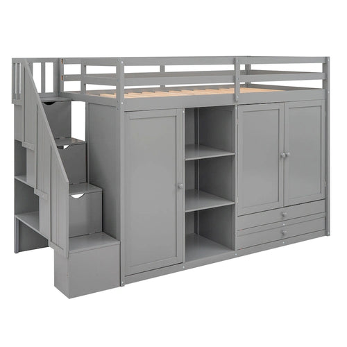 Full Pine Loft Bed with Shelves and Wardrobes