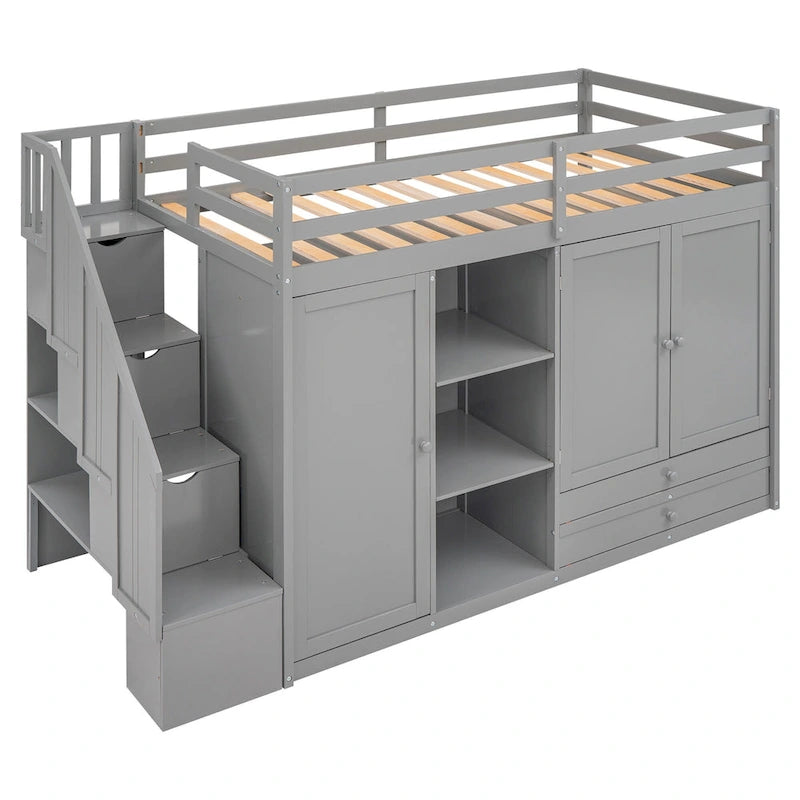 Full Pine Loft Bed with Shelves and Wardrobes