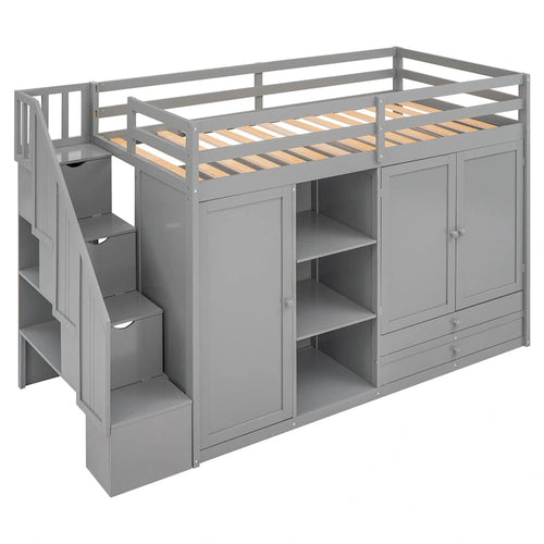 Lit mezzanine en pin avec étagères et armoires