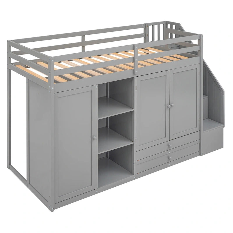 Full Pine Loft Bed with Shelves and Wardrobes