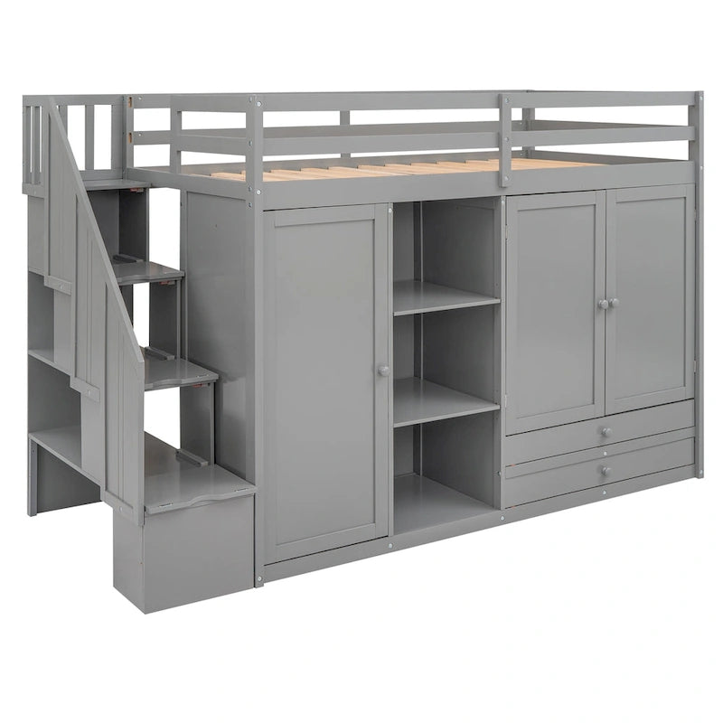 Full Pine Loft Bed with Shelves and Wardrobes