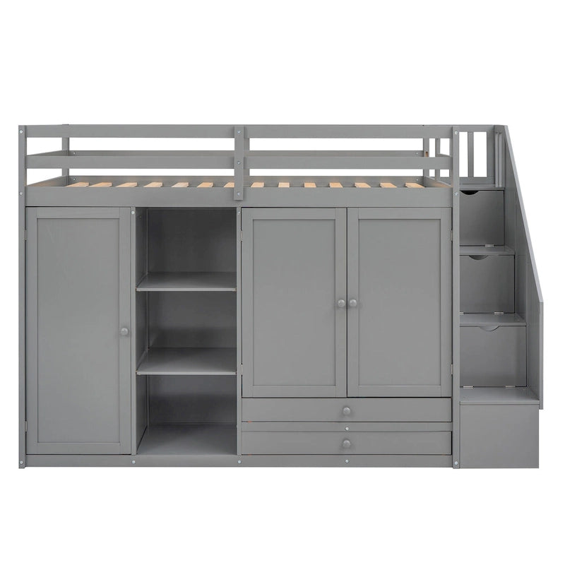 Full Pine Loft Bed with Shelves and Wardrobes