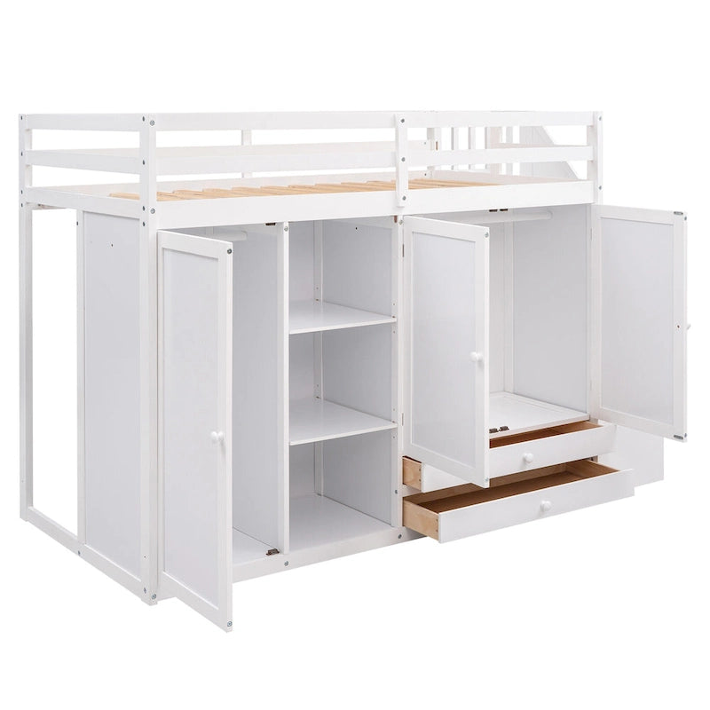 Full Pine Loft Bed with Shelves and Wardrobes