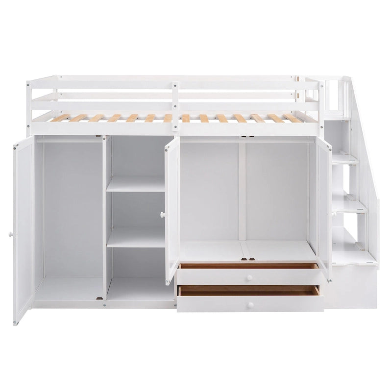 Full Pine Loft Bed with Shelves and Wardrobes