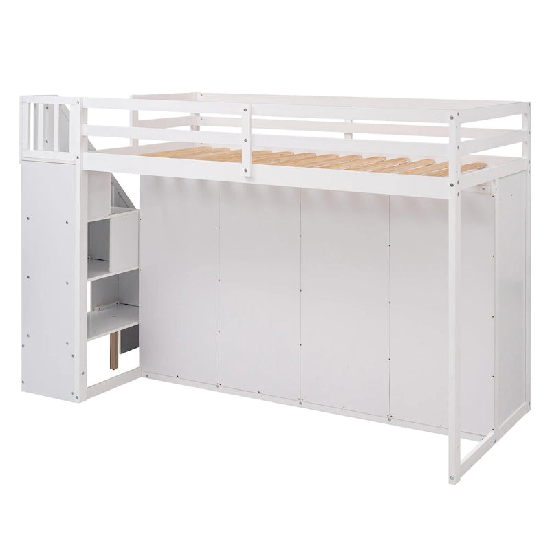 Full Pine Loft Bed with Shelves and Wardrobes