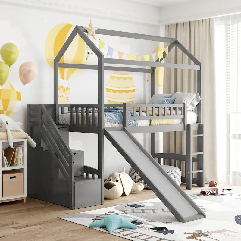 Twin Pine Loft House Bed with Storage Stairs and Slide