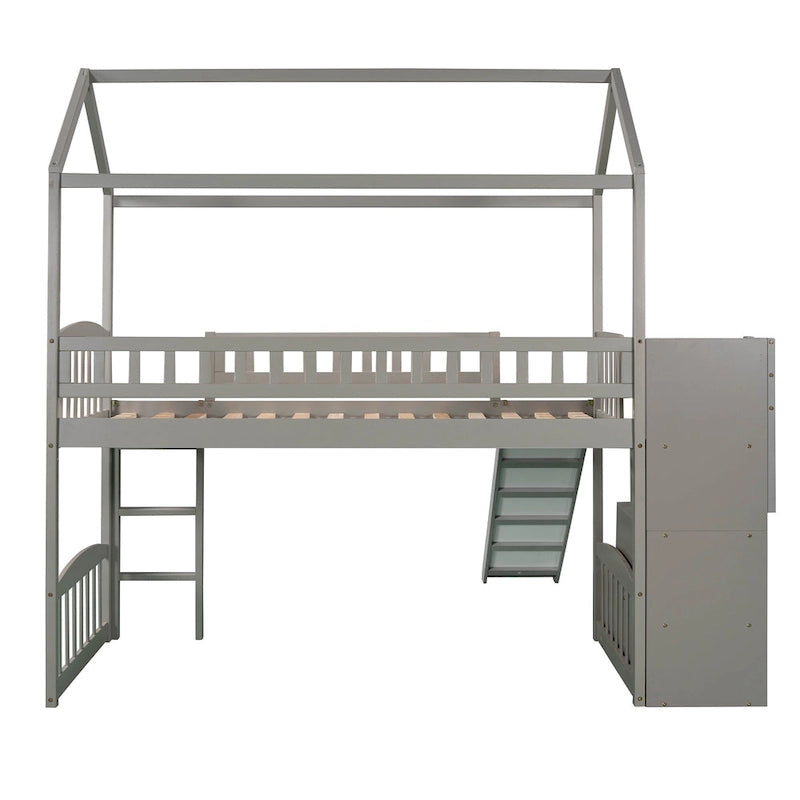 Twin Pine Loft House Bed with Storage Stairs and Slide