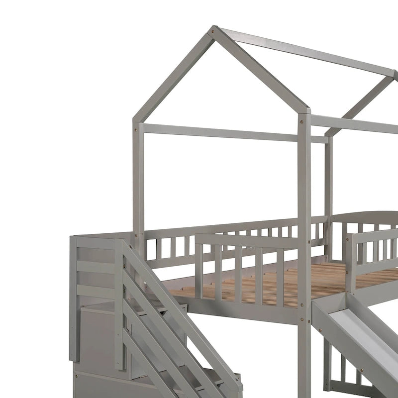 Twin Pine Loft House Bed with Storage Stairs and Slide