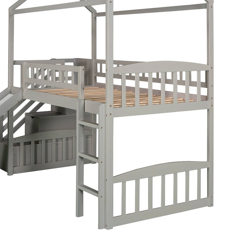 Twin Pine Loft House Bed with Storage Stairs and Slide