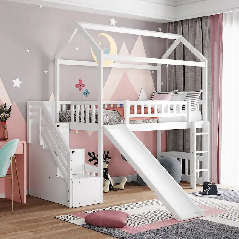 Twin Pine Loft House Bed with Storage Stairs and Slide