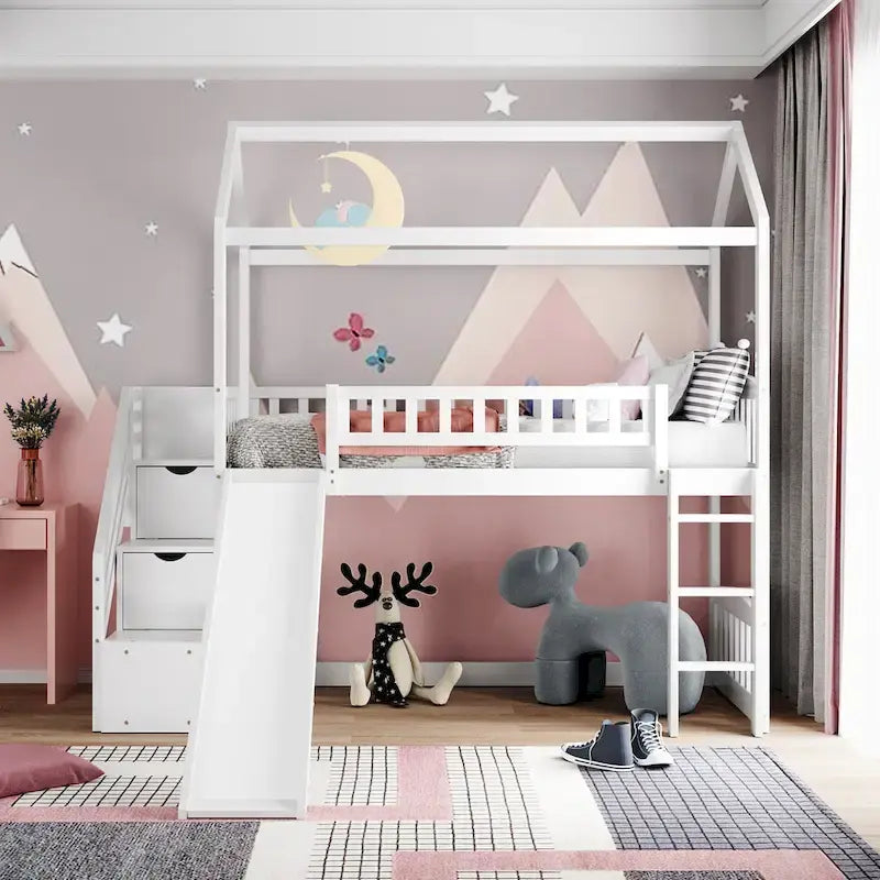 Twin Pine Loft House Bed with Storage Stairs and Slide