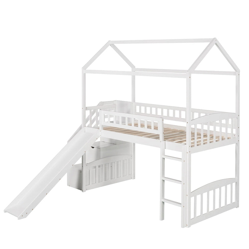 Twin Pine Loft House Bed with Storage Stairs and Slide