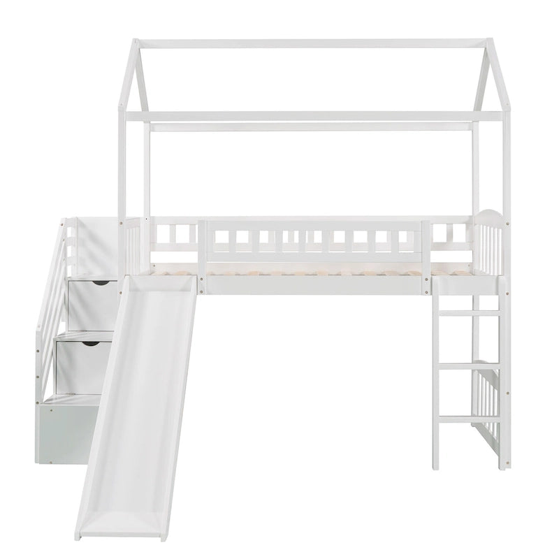 Twin Pine Loft House Bed with Storage Stairs and Slide