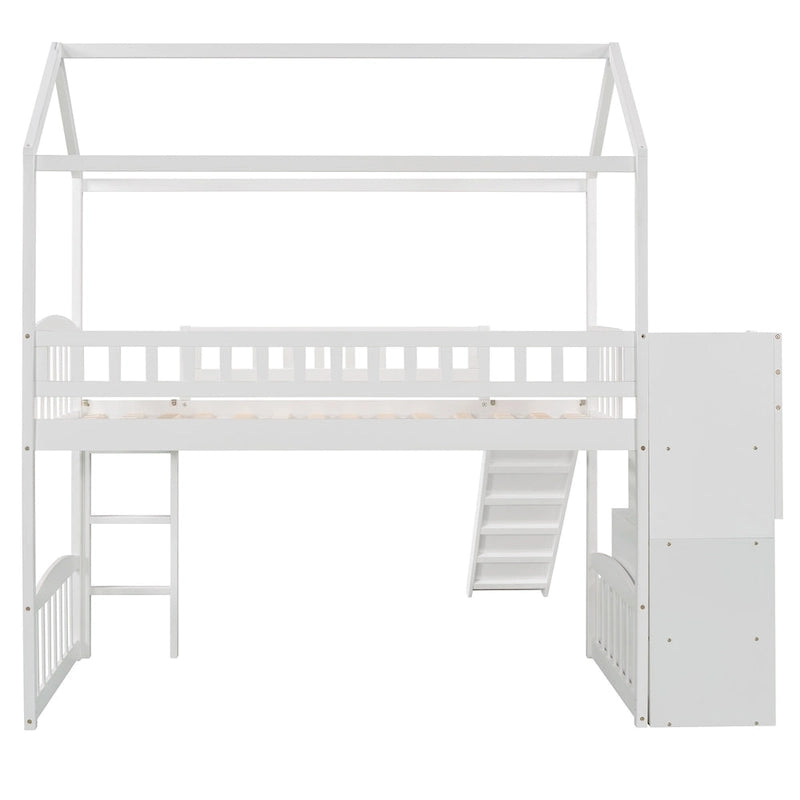 Twin Pine Loft House Bed with Storage Stairs and Slide