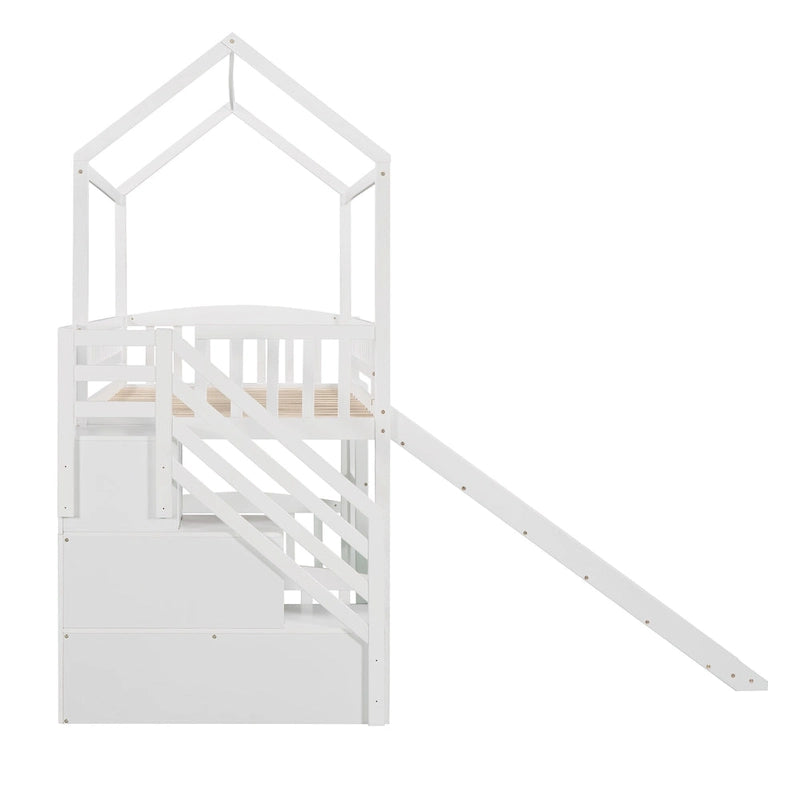 Twin Pine Loft House Bed with Storage Stairs and Slide