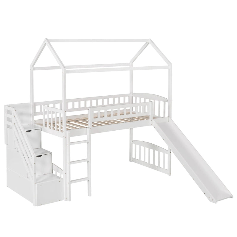 Twin Pine Loft House Bed with Storage Stairs and Slide