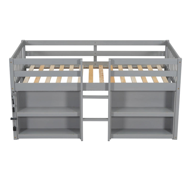 Grey Twin Wood Low Loft Bed with Shelves & LED Light