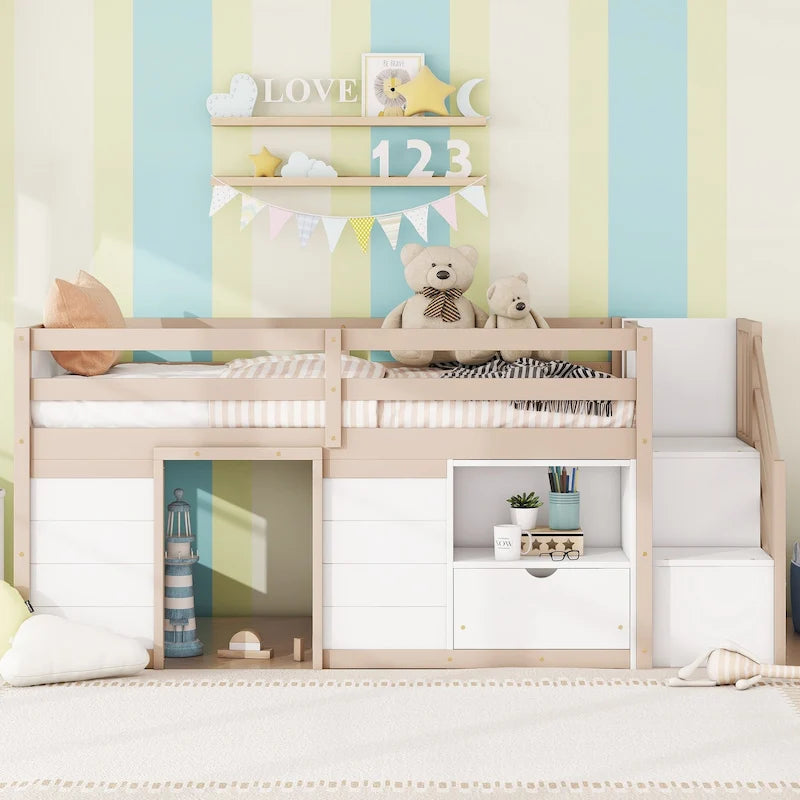 Twin Solid Wood Low Loft Bed with Stair & Drawer