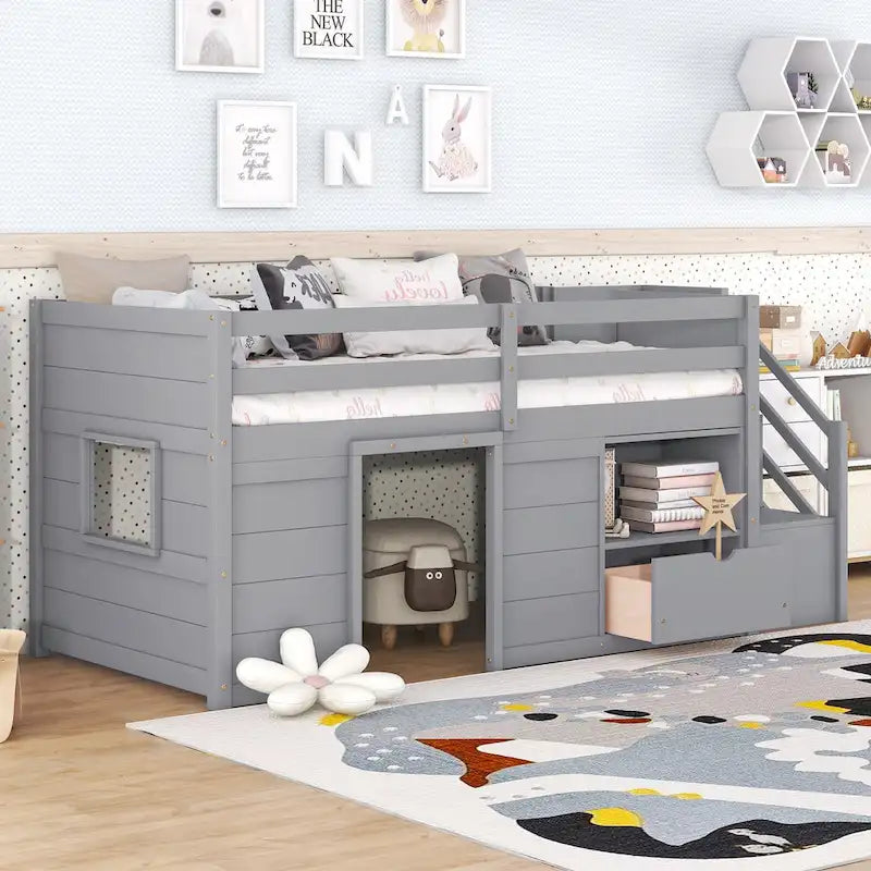 Twin Solid Wood Low Loft Bed with Stair & Drawer
