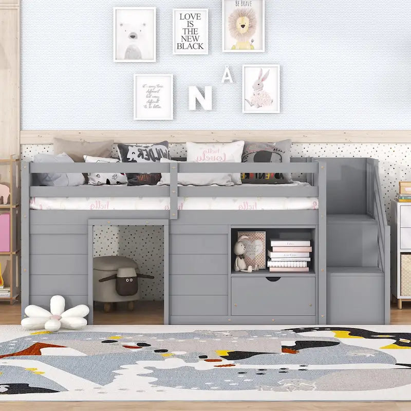 Twin Solid Wood Low Loft Bed with Stair & Drawer