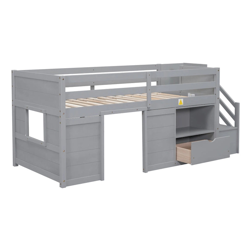 Twin Solid Wood Low Loft Bed with Stair & Drawer