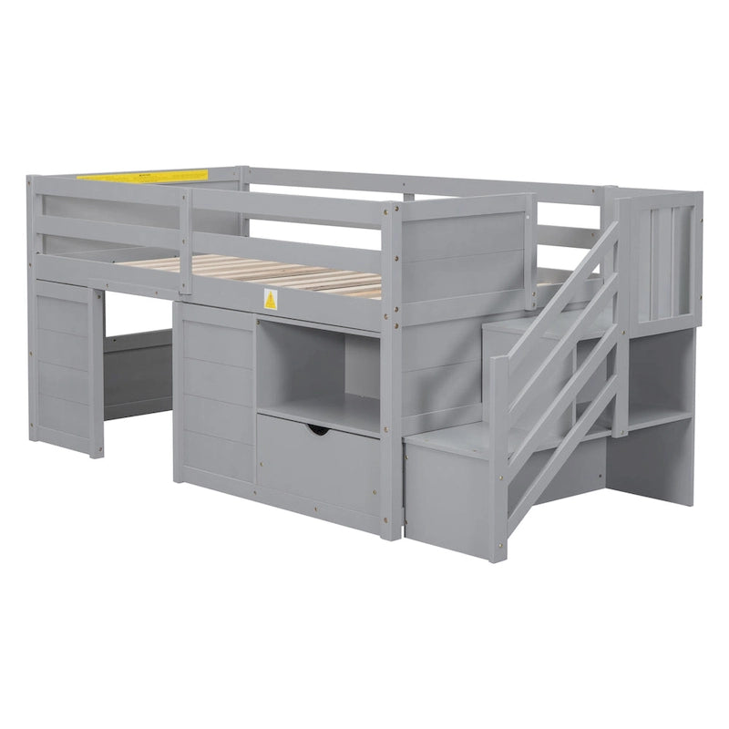 Twin Solid Wood Low Loft Bed with Stair & Drawer