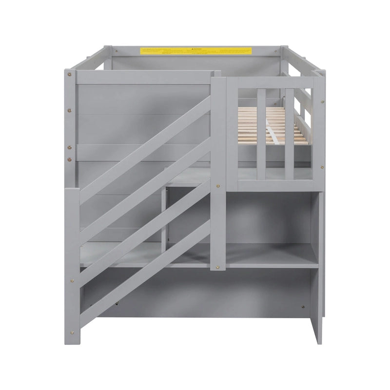 Twin Solid Wood Low Loft Bed with Stair & Drawer