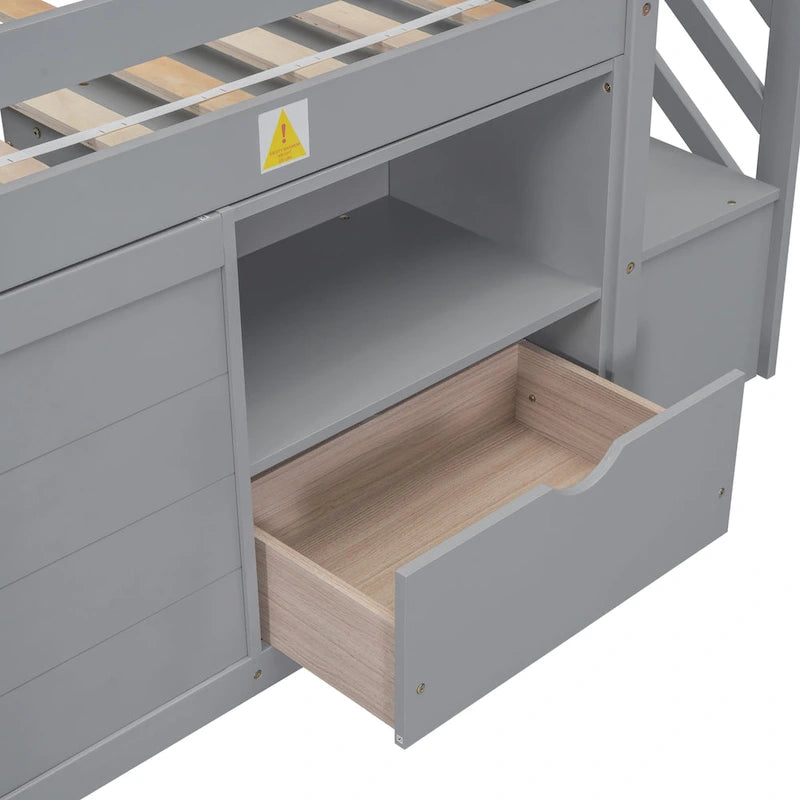 Twin Solid Wood Low Loft Bed with Stair & Drawer