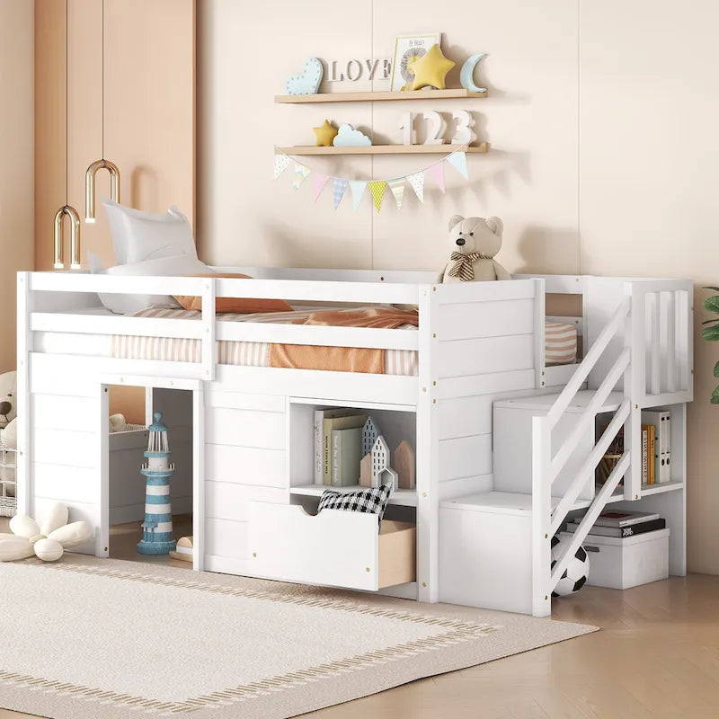 Twin Solid Wood Low Loft Bed with Stair & Drawer