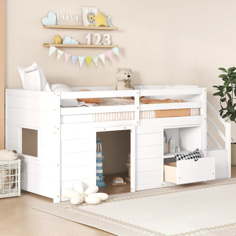 Twin Solid Wood Low Loft Bed with Stair & Drawer