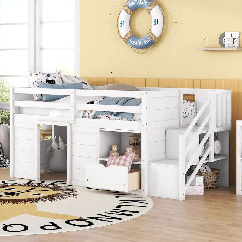 Twin Solid Wood Low Loft Bed with Stair & Drawer