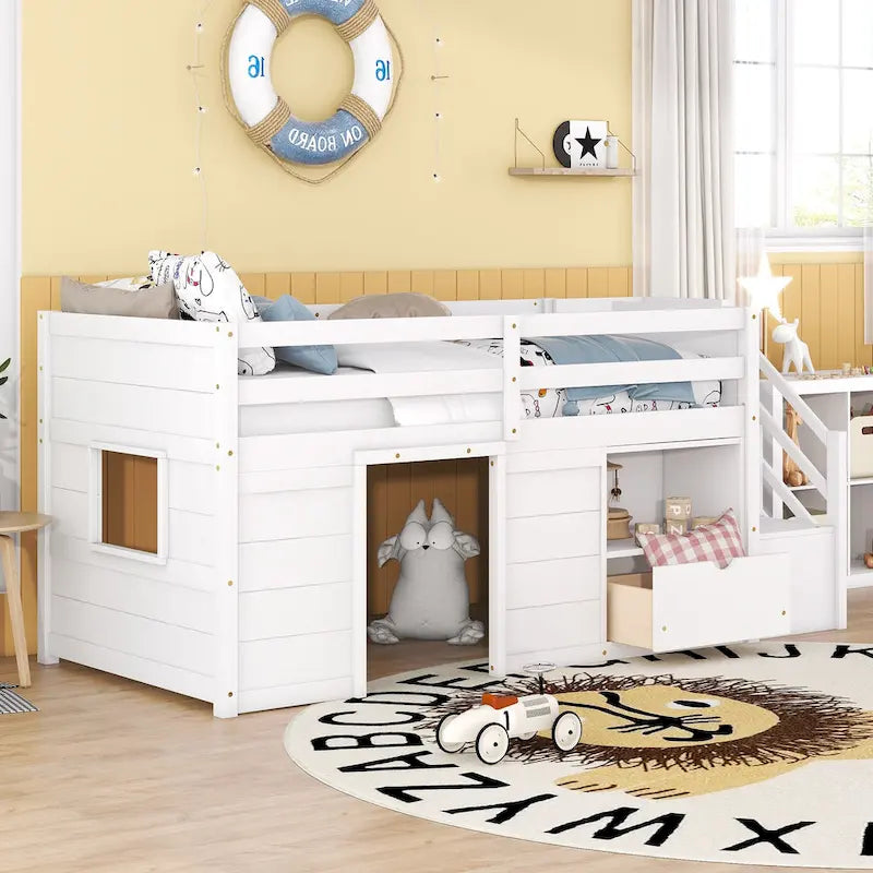 Twin Solid Wood Low Loft Bed with Stair & Drawer