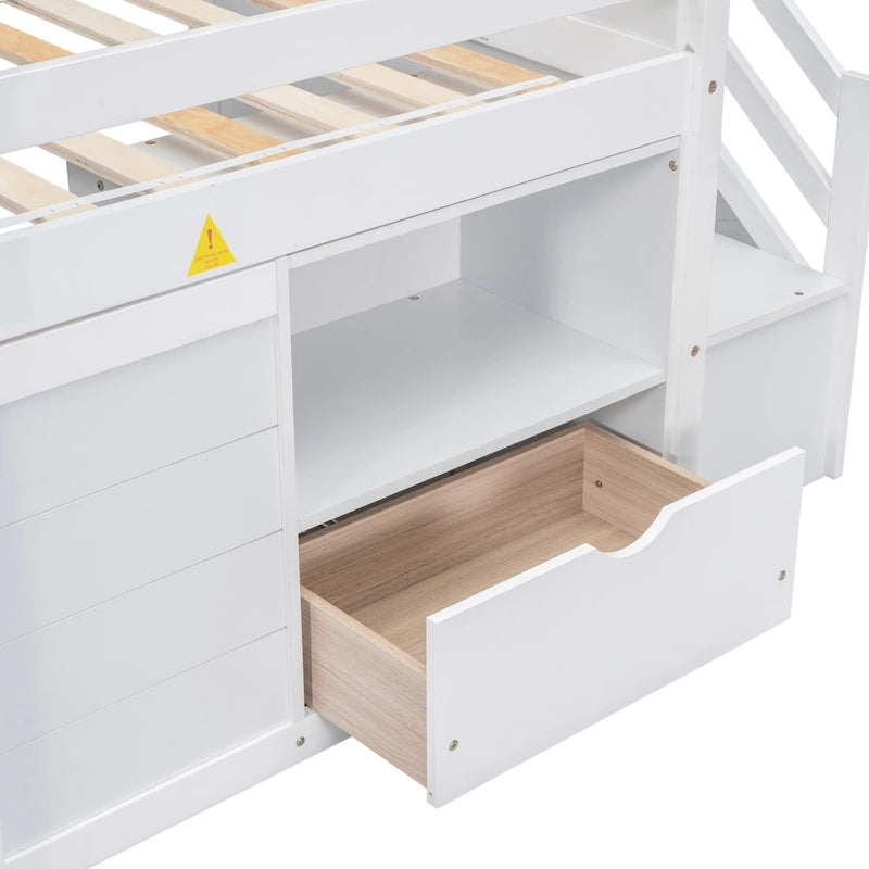 Twin Solid Wood Low Loft Bed with Stair & Drawer