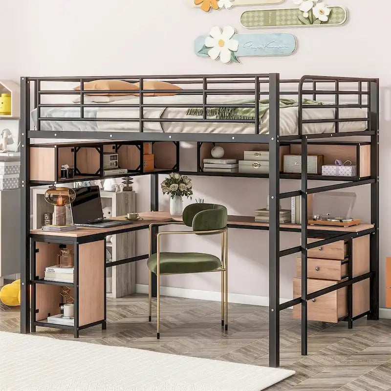 Metal Loft Bed with bookcase, desk and cabinet